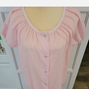 Katz Vintage Snap Front Housecoat Pink With Lace Trim 60s 70s Size Medium